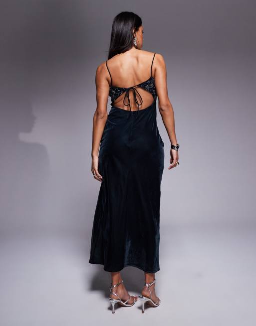 ASOS DESIGN embellished bust velvet maxi dress with cut outs in midnight blue
