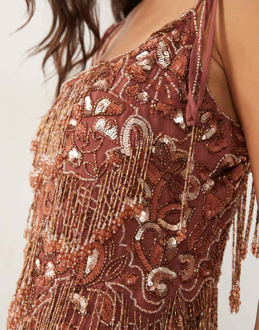 ASOS DESIGN embellished cami maxi dress with ruffle skirt in terracotta, 2 of 4