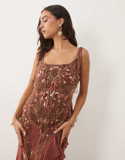 ASOS DESIGN embellished cami maxi dress with ruffle skirt in terracotta, 3 of 4
