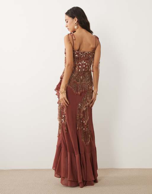 ASOS DESIGN embellished cami maxi dress with ruffle skirt in terracotta, 4 of 4