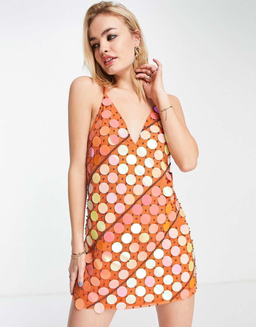 ASOS DESIGN embellished cami mini dress with disc sequin detail in orange