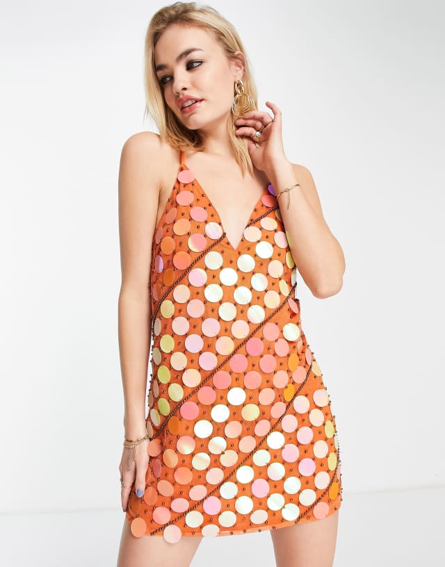 ASOS DESIGN embellished cami mini dress with disc sequin detail in orange