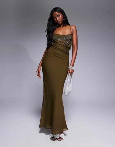 ASOS DESIGN embellished cami strap drape bodice maxi dress with bias skirt in khaki