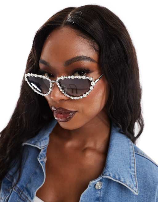 ASOS DESIGN embellished cat eye sunglasses in silver, 4 of 4