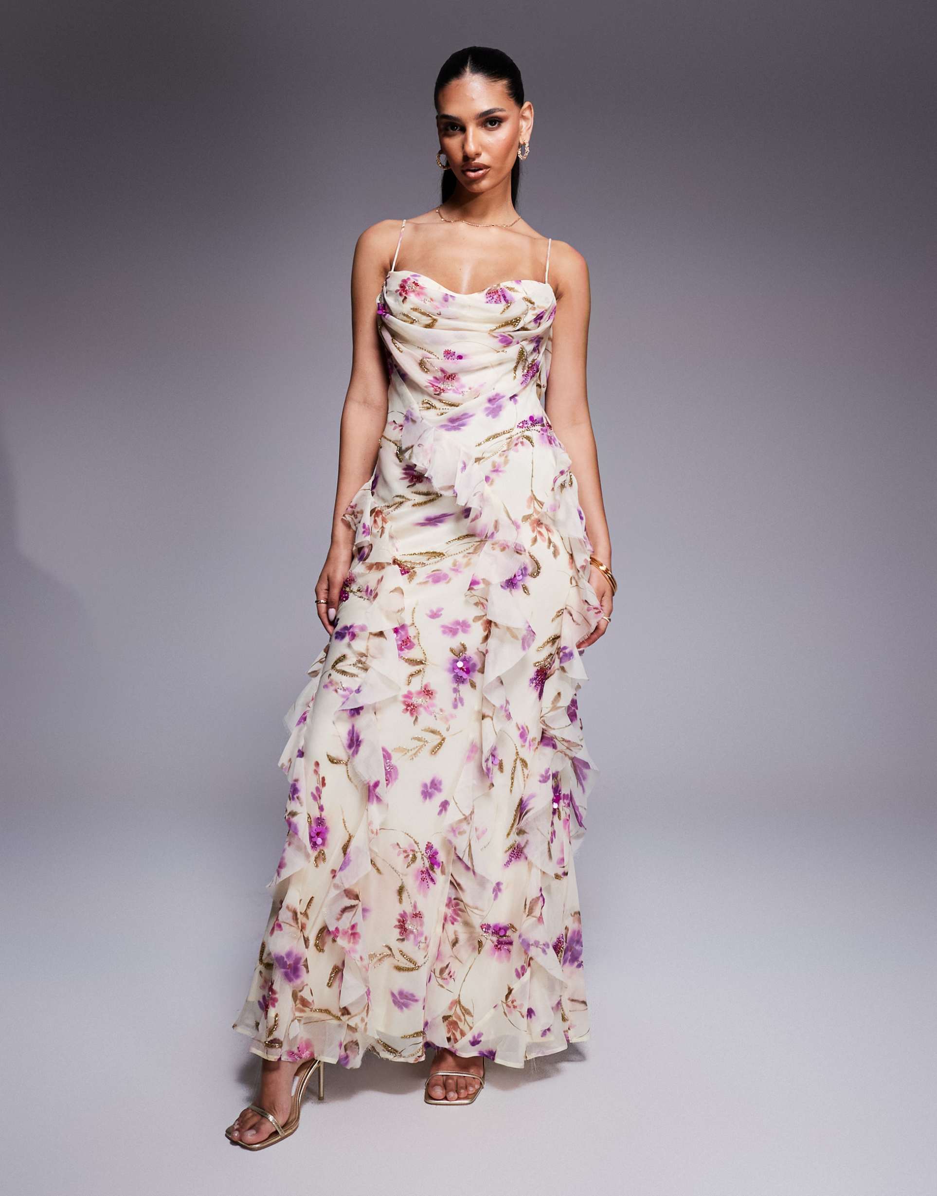 asos design embellished chiffon cami ruffle maxi dress in ivory floral