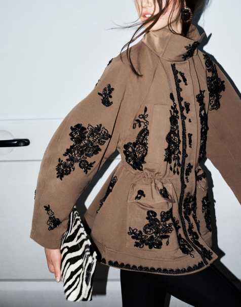 ASOS DESIGN embellished cinched waist cotton jacket in khaki - view 1