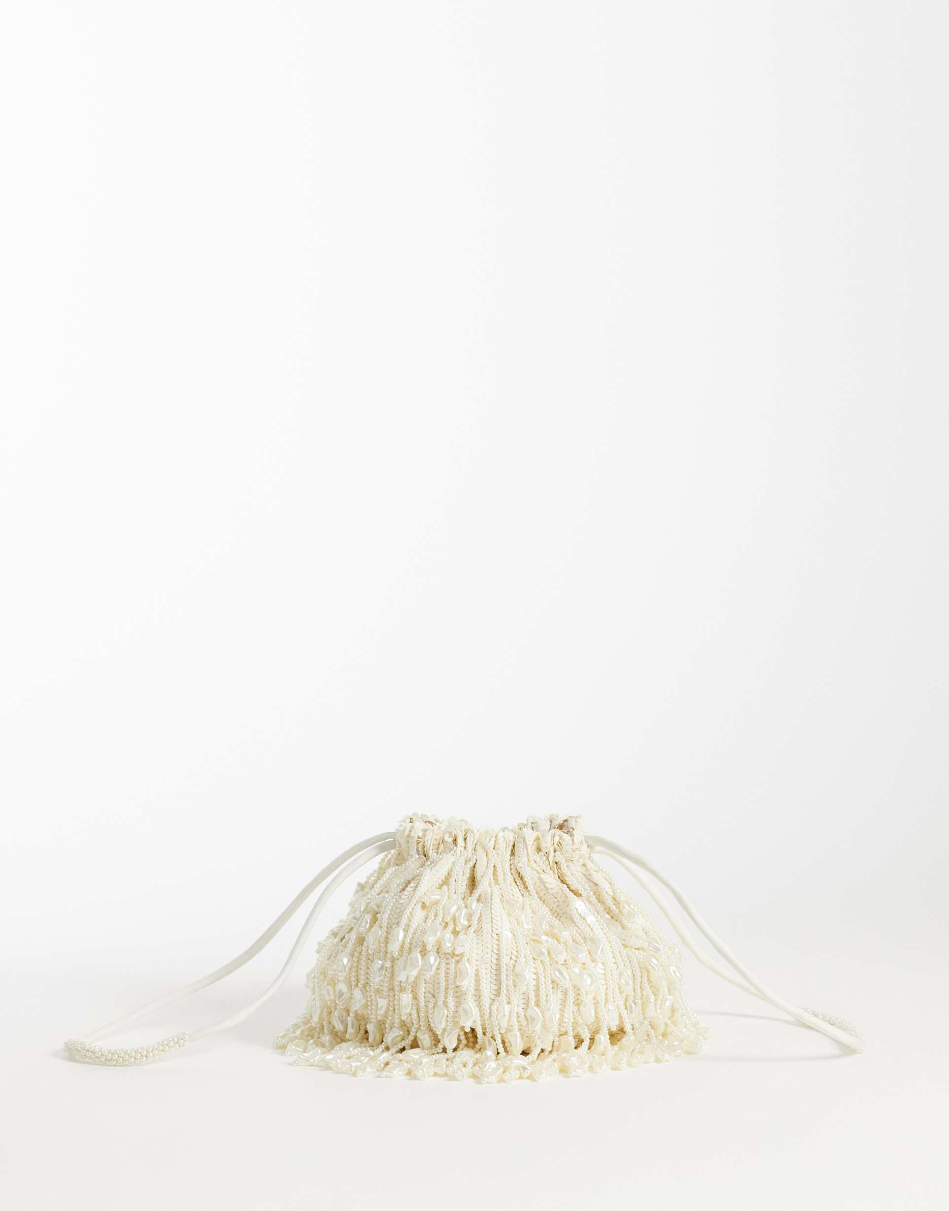 asos design embellished clutch bucket bag in faux natural pearl fringe