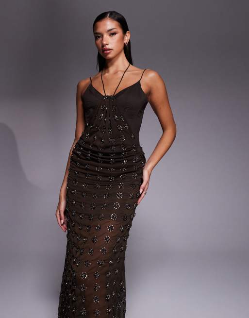 ASOS DESIGN embellished contour midi dress with drape skirt detail in chocolate, 3 of 4