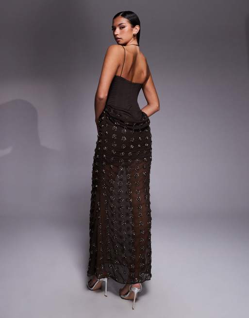 ASOS DESIGN embellished contour midi dress with drape skirt detail in chocolate, 4 of 4