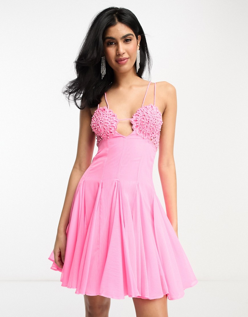 Asos Design Embellished Crochet Cut Out Mini Skater Dress With Flare In Bright Pink
