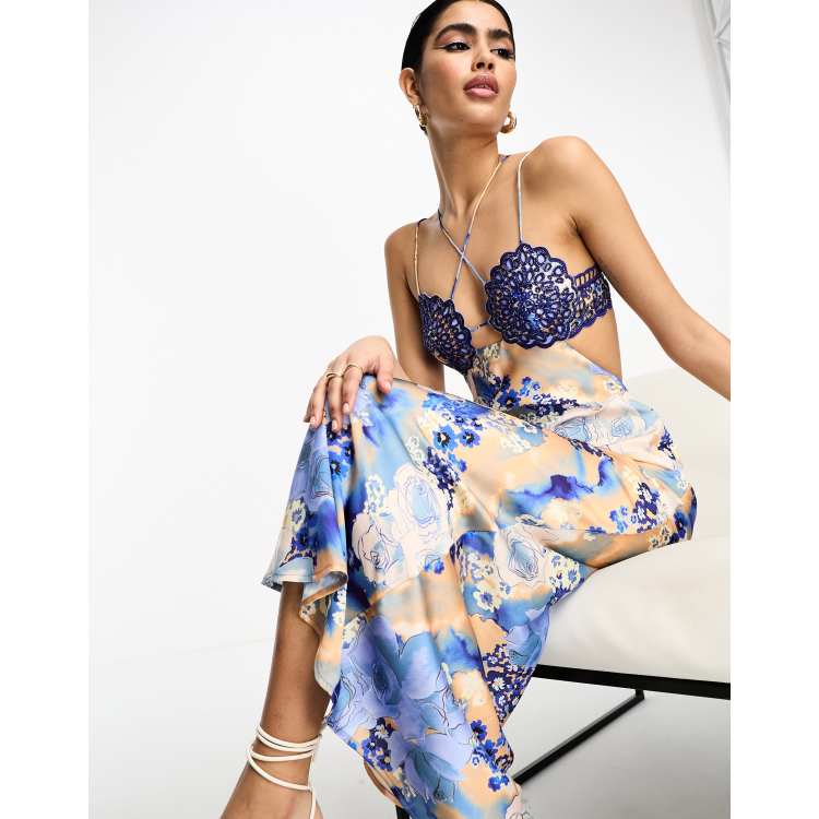 bias cut midi satin dress with floral embellishment House OF CB Felicity Floral-Print Satin Midi Dress