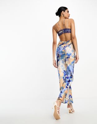 asos design bias cut midi satin dress with floral embellishment ASOS DESIGN embellished crochet cut out satin bias midi dress in  watercolour floral print