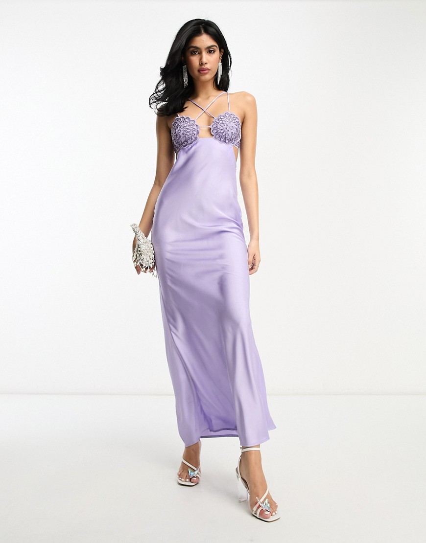 ASOS DESIGN embellished crochet cut out satin midi dress in purple
