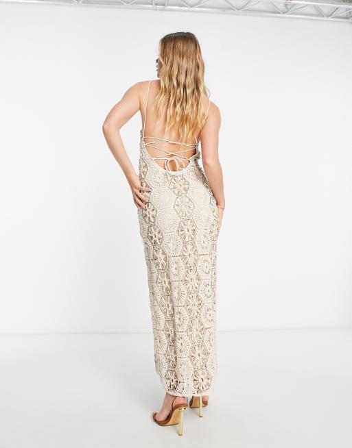 ASOS DESIGN embellished crochet halter maxi dress in stone