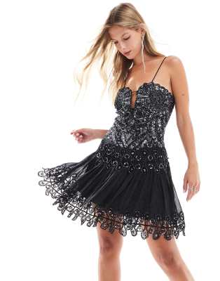 embellished crochet lace insert cut out mini skater dress with pephem in black