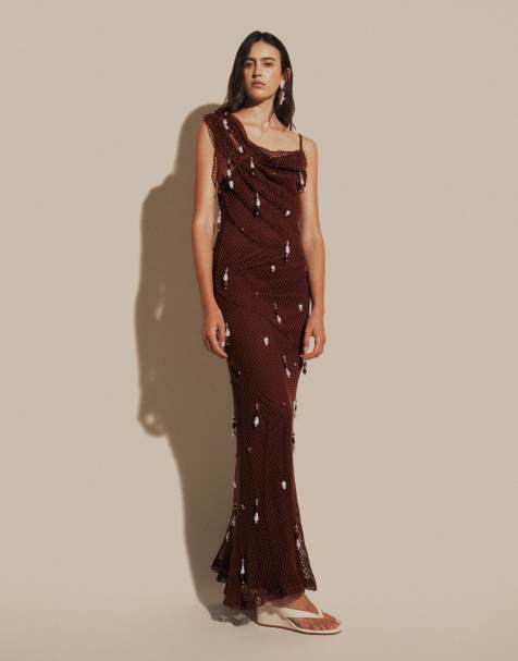 ASOS DESIGN embellished crochet maxi dress with drop pearls in chocolate - view 1