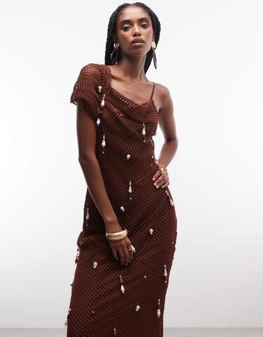 ASOS DESIGN embellished crochet maxi dress with drop pearls in chocolate, 3 of 7