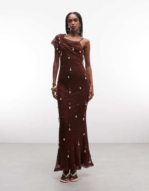 ASOS DESIGN embellished crochet maxi dress with drop pearls in chocolate, 4 of 7