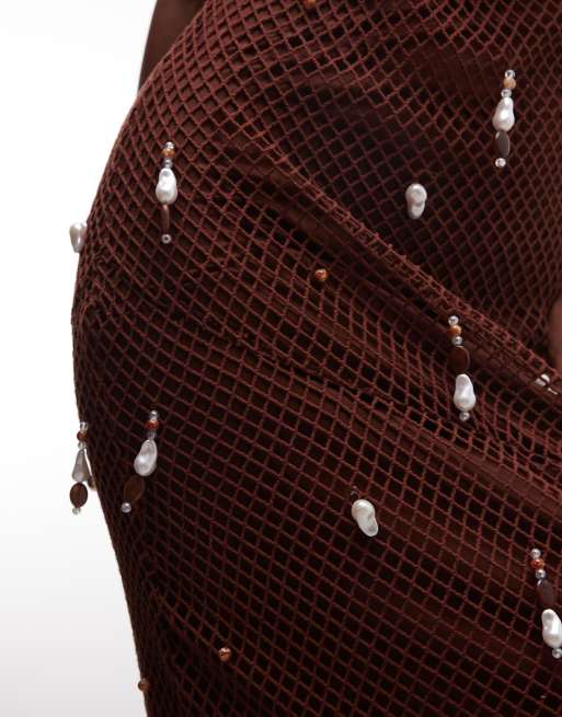 ASOS DESIGN embellished crochet maxi dress with drop pearls in chocolate, 5 of 7