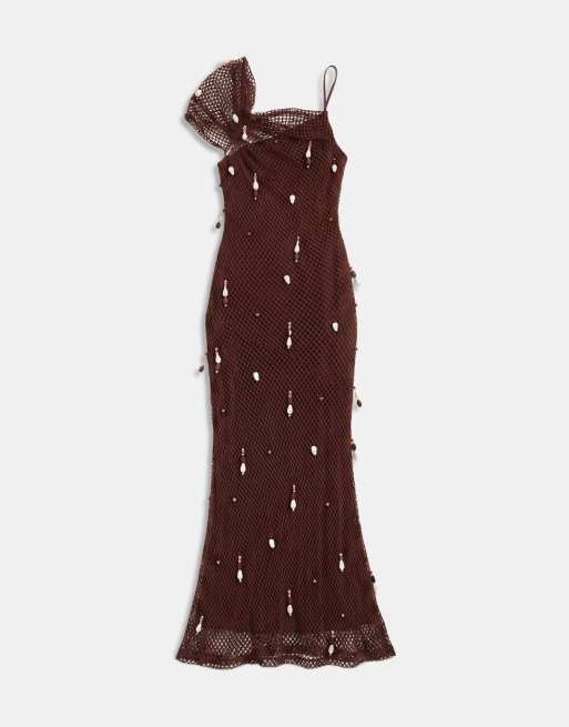 ASOS DESIGN embellished crochet maxi dress with drop pearls in chocolate, 6 of 7