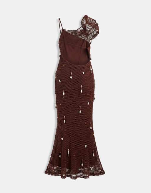 ASOS DESIGN embellished crochet maxi dress with drop pearls in chocolate, 7 of 7