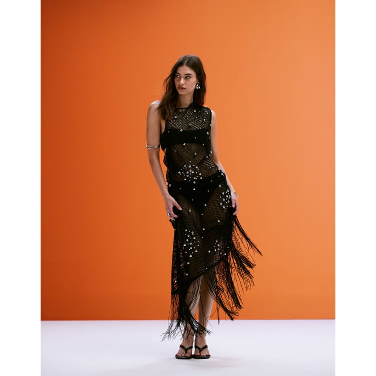 beaded crochet midi dress Beaded crochet maxi dress Blue For Women