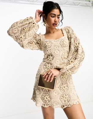 ASOS DESIGN embellished crochet milkmaid mini dress with blouson sleeve ...