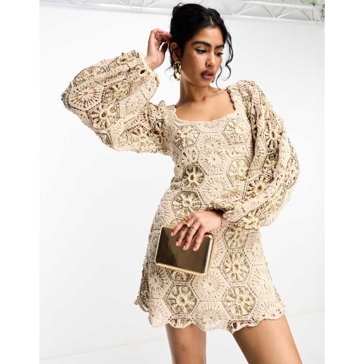 ASOS DESIGN embellished crochet milkmaid mini dress with blouson sleeve in stone ASOS