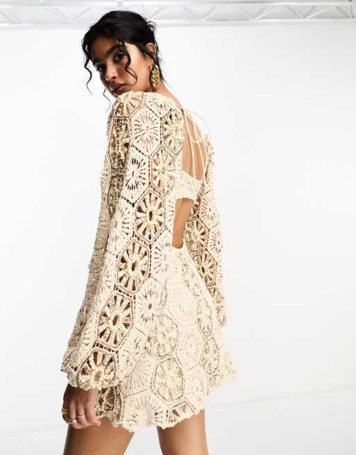 ASOS DESIGN embellished crochet milkmaid mini dress with blouson