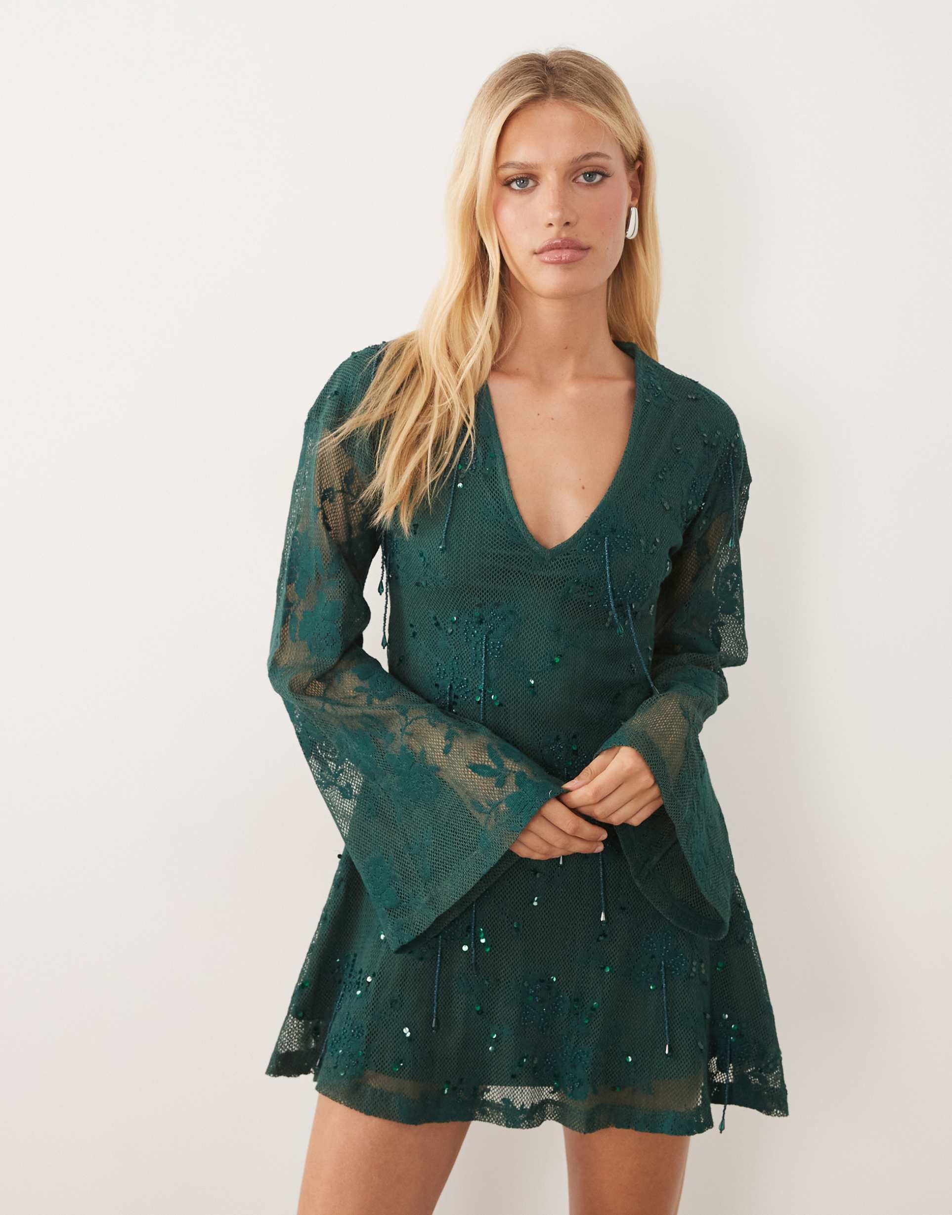 asos design embellished crochet plunge mini dress with long sleeves in green
