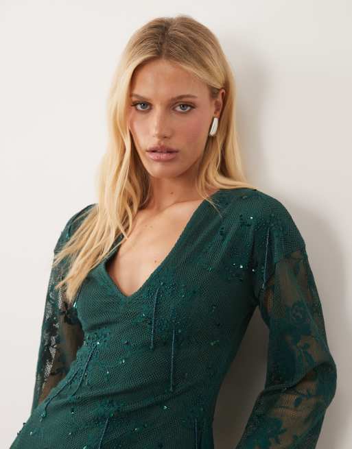ASOS DESIGN embellished crochet plunge mini dress with long sleeves in green, 3 of 4
