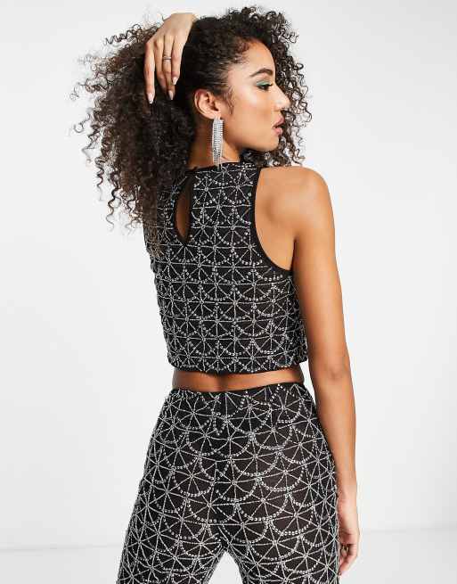 ASOS DESIGN embellished crop top with scallop detail in black part of a set