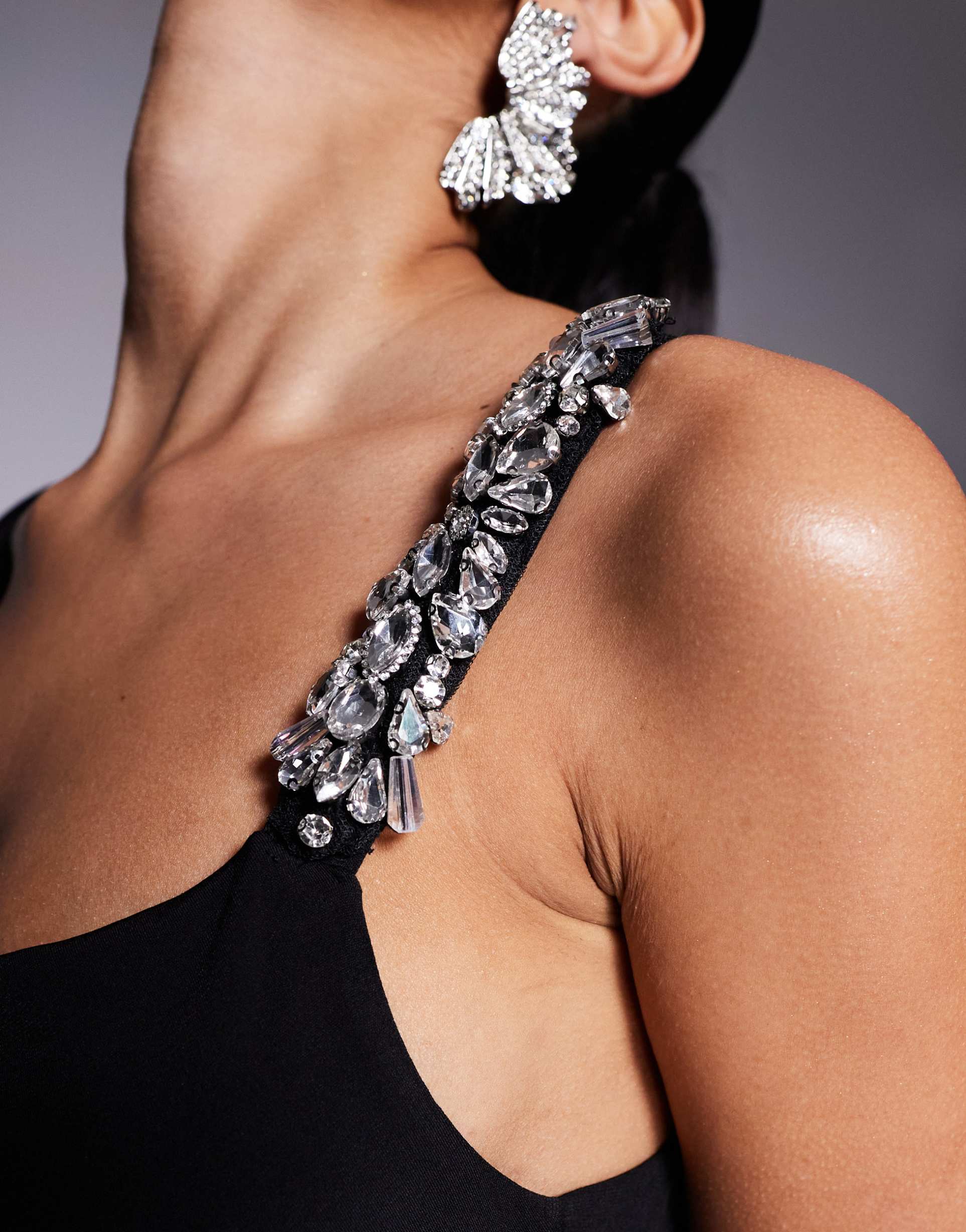 asos design embellished detail maxi dress with draping in black