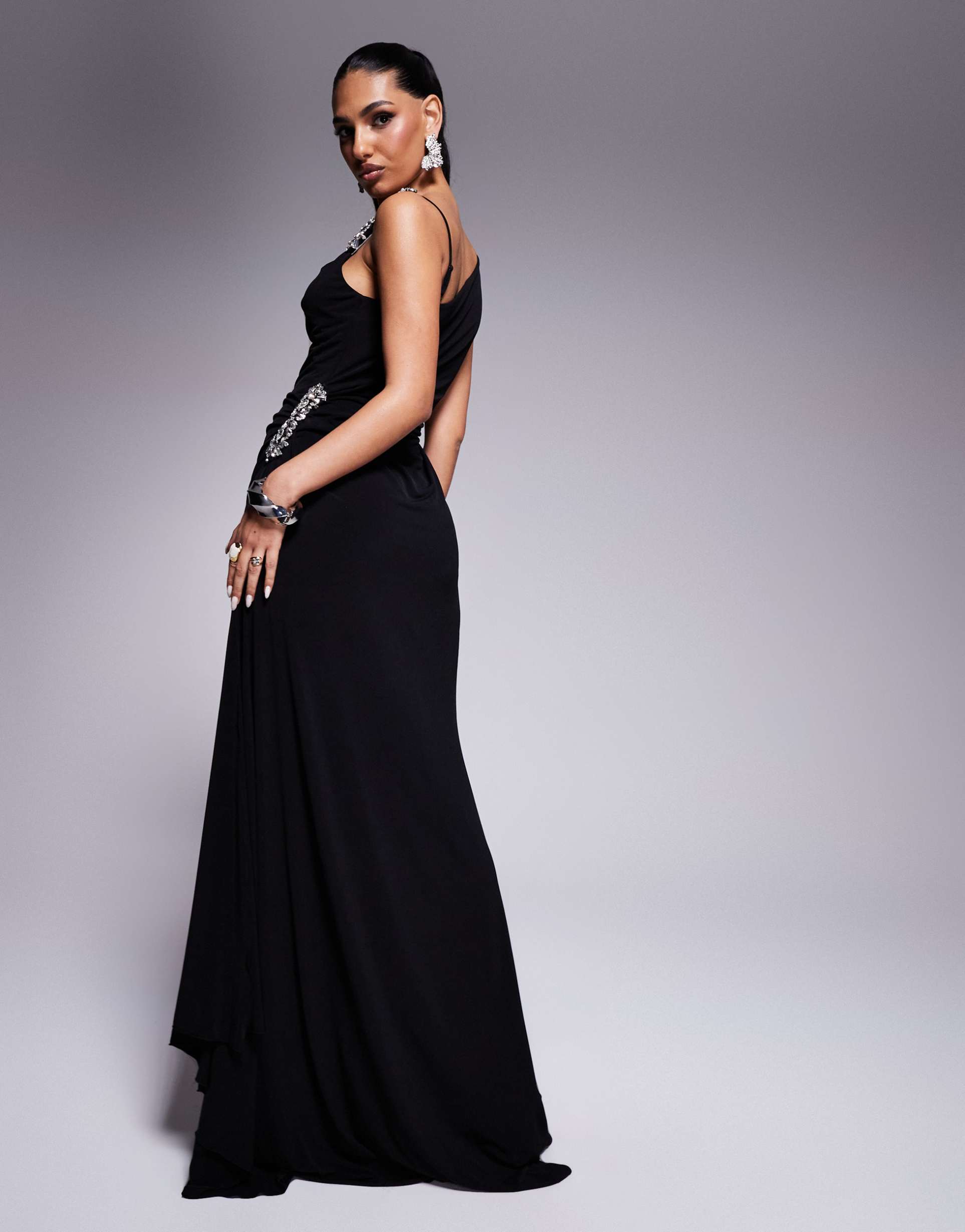 asos design embellished detail maxi dress with draping in black