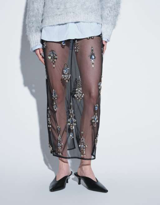 ASOS DESIGN embellished detail sheer midi skirt in black, 2 of 5