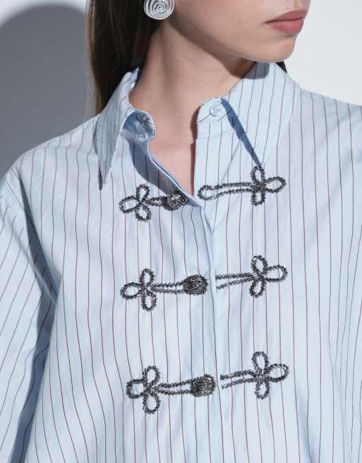 ASOS DESIGN embellished detail shirt in blue stripe, 2 of 4
