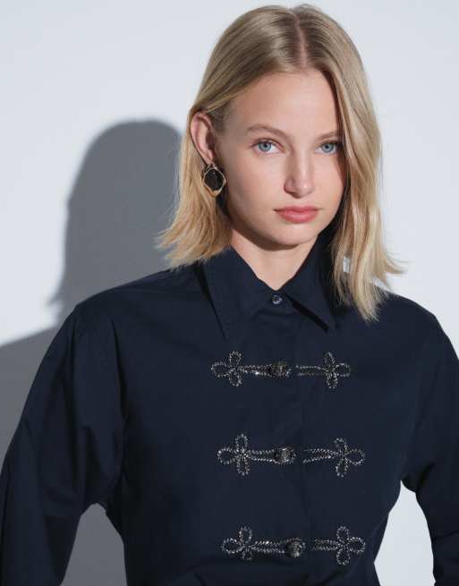 ASOS DESIGN embellished detail shirt in navy, 3 of 4