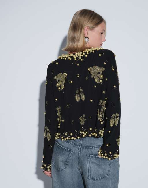 ASOS DESIGN embellished detail trophy jacket in black and gold, 3 of 4