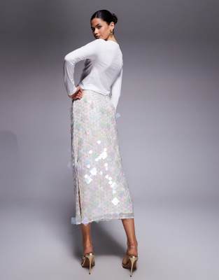 Asos Design Embellished Disc Sequin Midi Skirt In White
