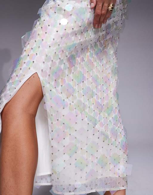 ASOS DESIGN embellished disc sequin midi skirt in white, 4 of 5