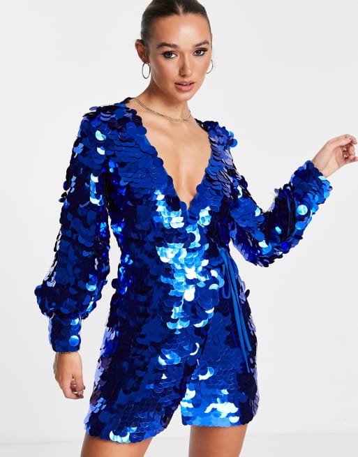 ASOS DESIGN embellished disc sequin mini wrap dress in blue