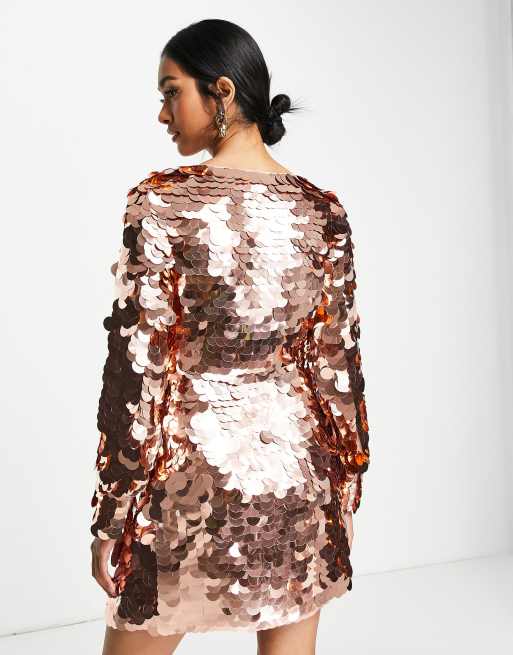 ASOS DESIGN embellished disc sequin mini wrap dress in blush, 2 of 4