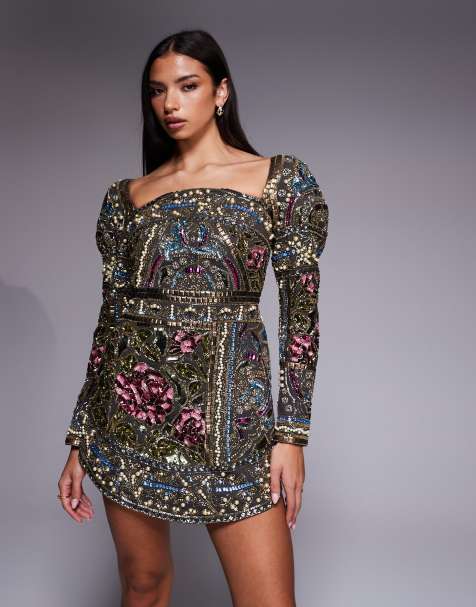 ASOS DESIGN embellished domed sleeve curve high neckline mini dress in multi