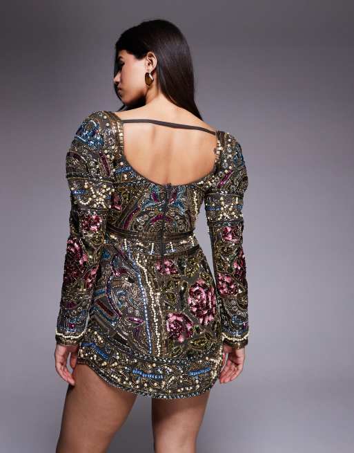 ASOS DESIGN embellished domed sleeve curved high neckline mini dress in multi, 2 of 4