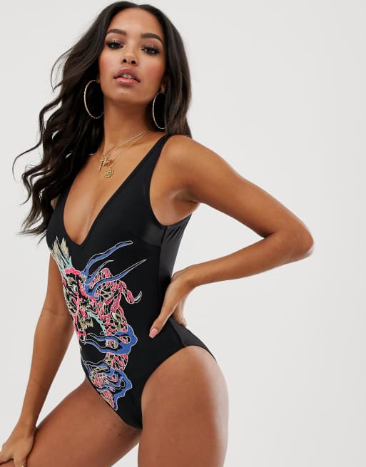 ASOS DESIGN embellished dragon scoop back swimsuit in black ASOS