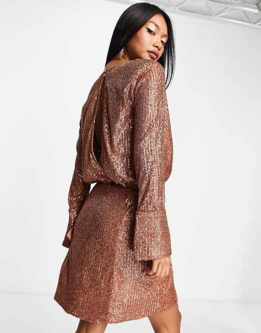 ASOS DESIGN embellished drape detail mini dress with button detail in  bronze