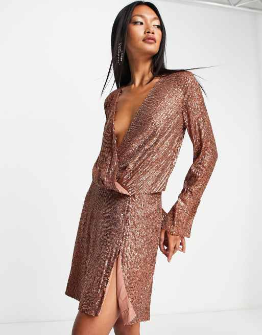 ASOS DESIGN embellished drape detail mini dress with button detail in  bronze