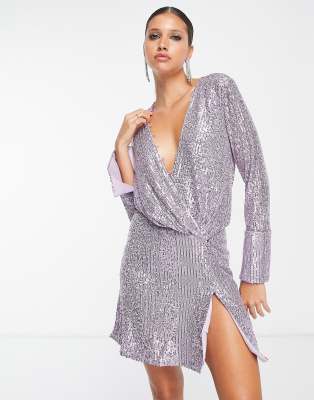 Asos Design Embellished Drape Detail Mini Dress With Button Detail In Purple