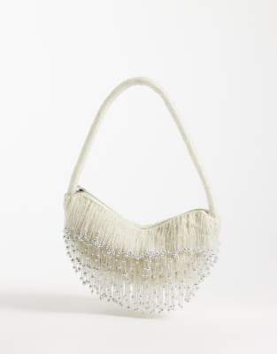 Asos Design Embellished Drop Tassel Shoulder Bag In Neutral
