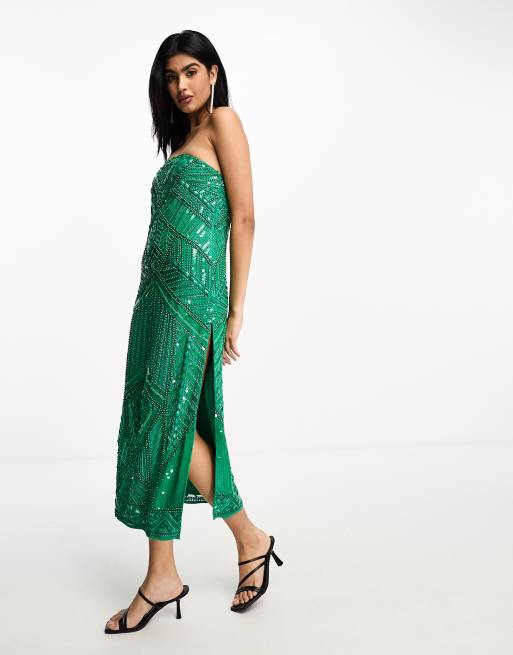 ASOS DESIGN embellished ergonomic bandeau midi dress in green